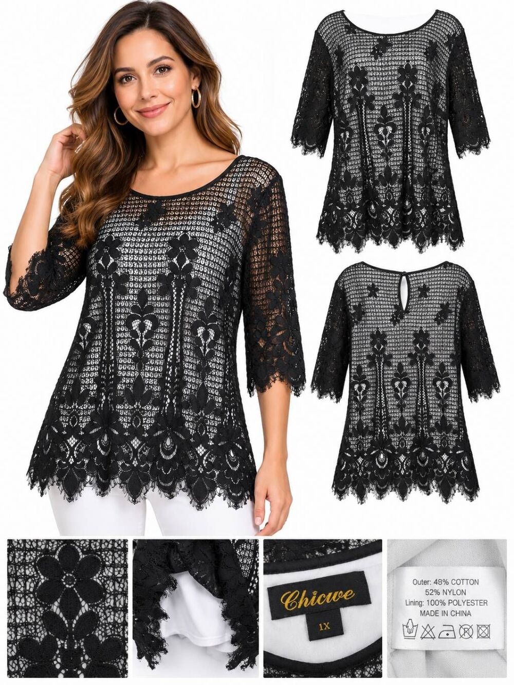 Chicwe Black Floral Lace Overlay Top 1X